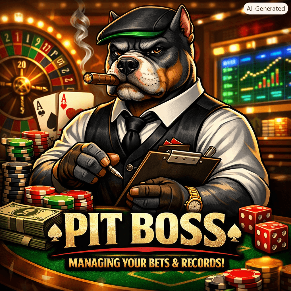 The TaxPitBoss mascot — a sharp-dressed pit boss keeping track of every bet